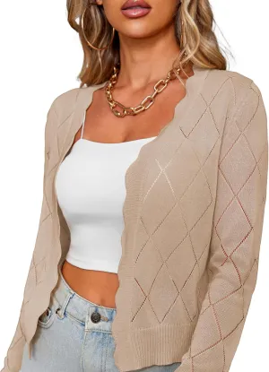 CARDYDONY Women's Long Sleeve Cropped Cardigan Sweaters Open Front Hollow Out Shrugs S-XL