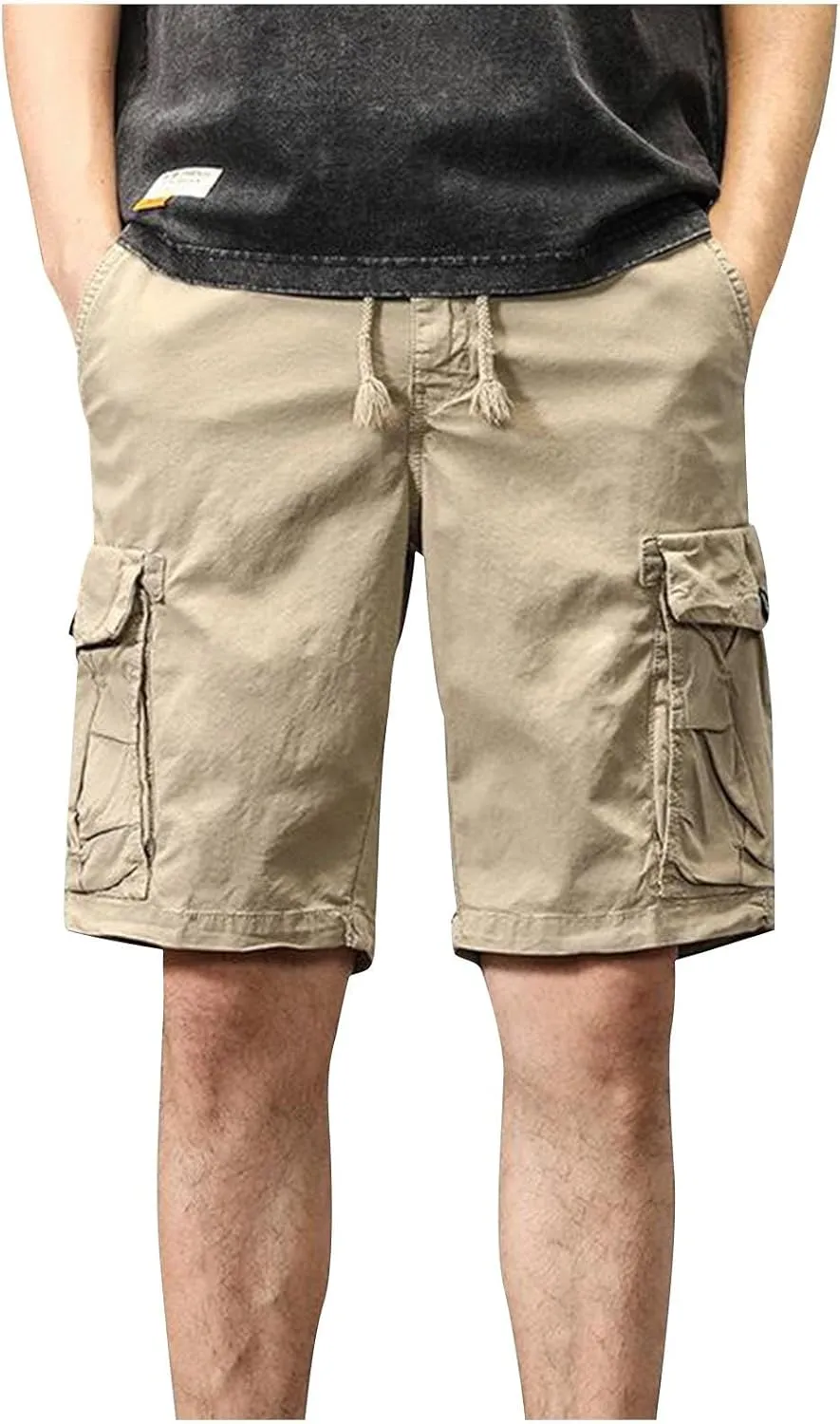 Cargo Shorts for Men Below Knee Stretch Cotton Pull On Drawstring Comfy Shorts Stretch 9 Chino Pants with Pocket