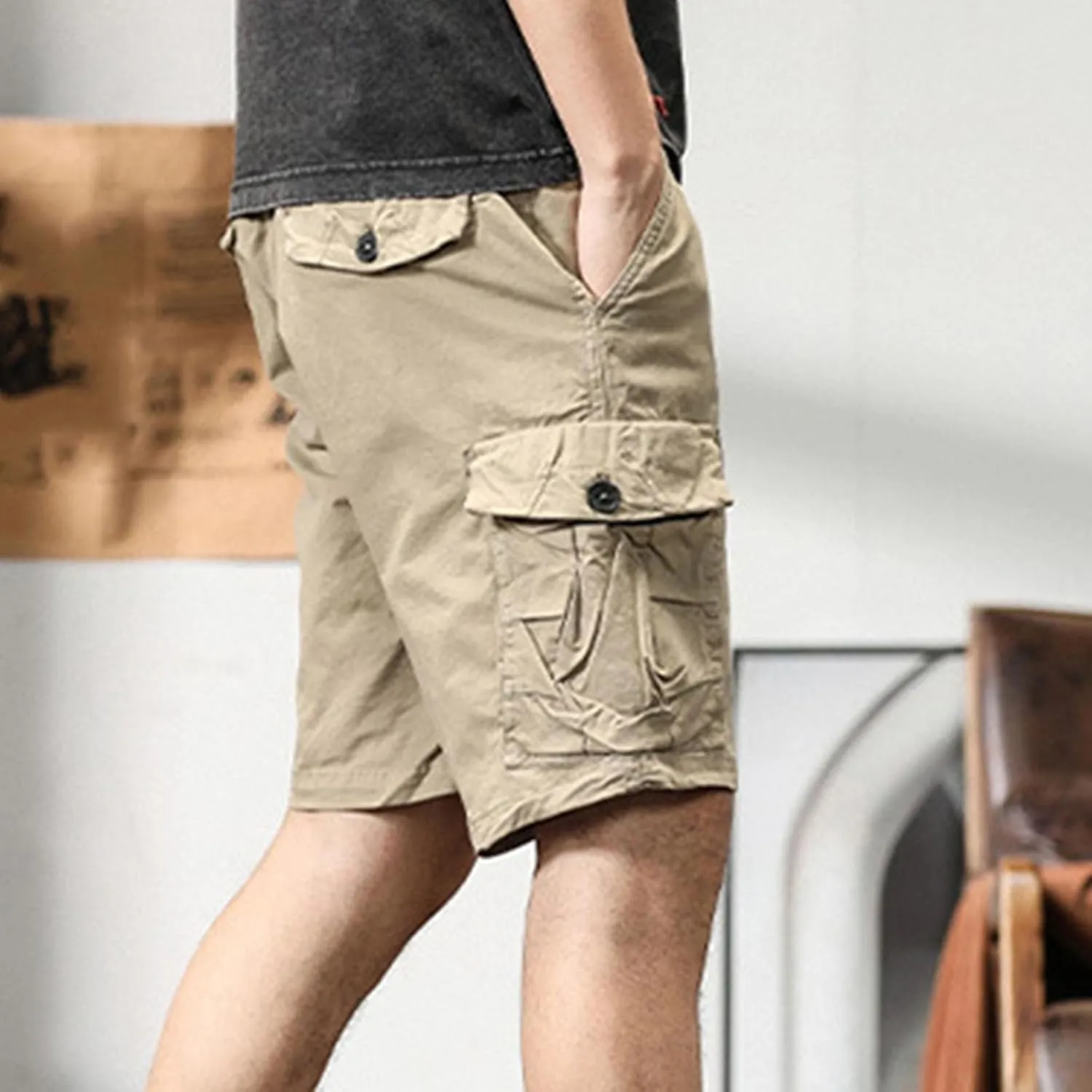 Cargo Shorts for Men Below Knee Stretch Cotton Pull On Drawstring Comfy Shorts Stretch 9 Chino Pants with Pocket