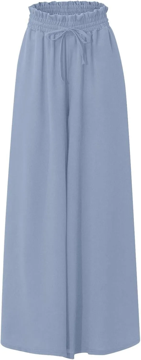 Casual Drawstring Joggers for Womens Lightweight Wide Leg Flowy Lounge Pants with Pockets Simple Stylish Cotton Linen Trouser