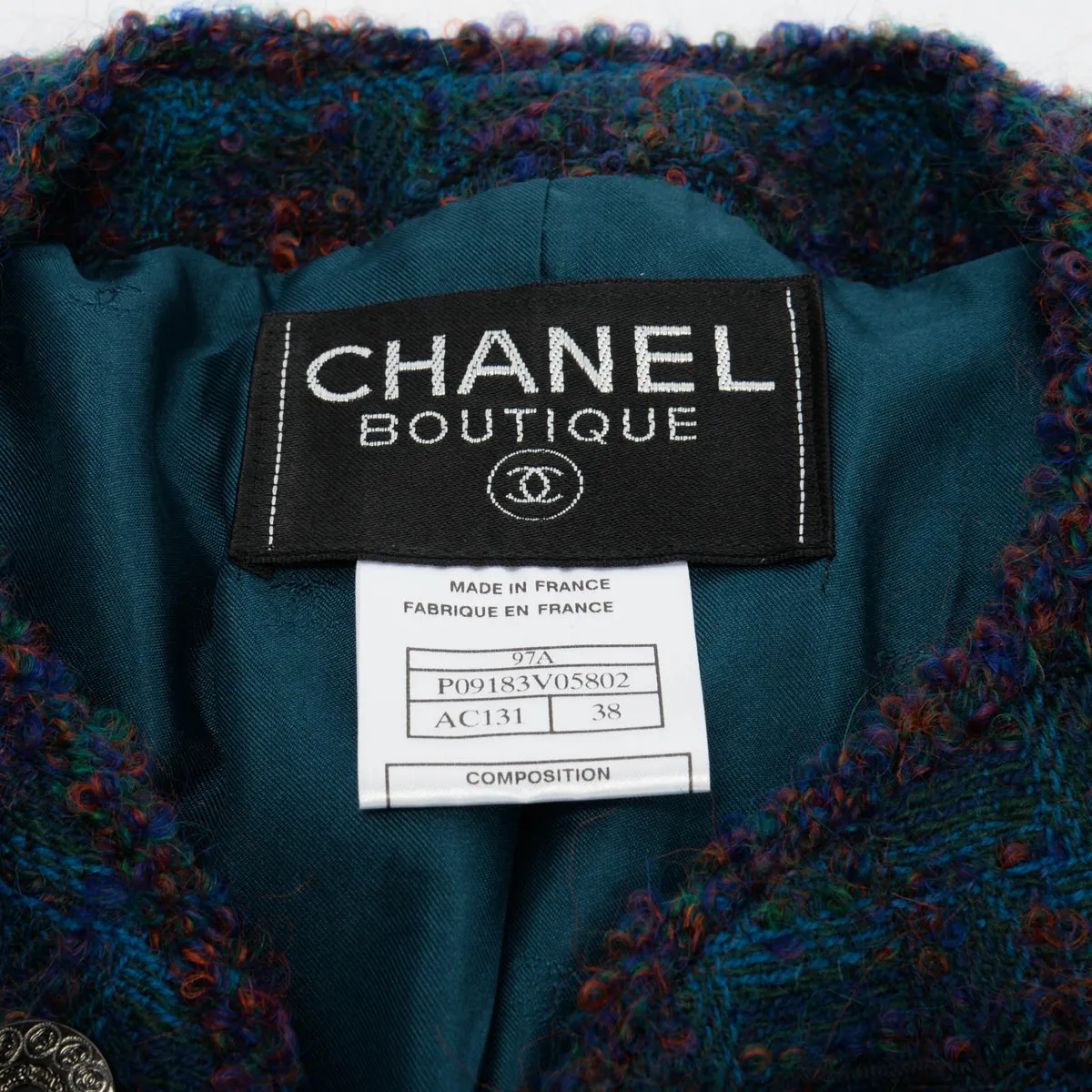 Chanel Teal Fantasy Tweed Edge to Edge Jacket FR 38