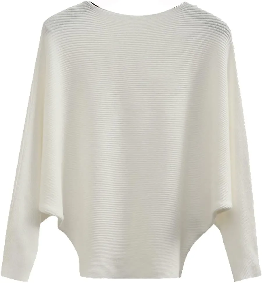 Ckikiou Womens Lightweight Oversized Boat Neck Sweaters Tops Dolman Batwing Sleeve Ribbed Knitted Pullovers
