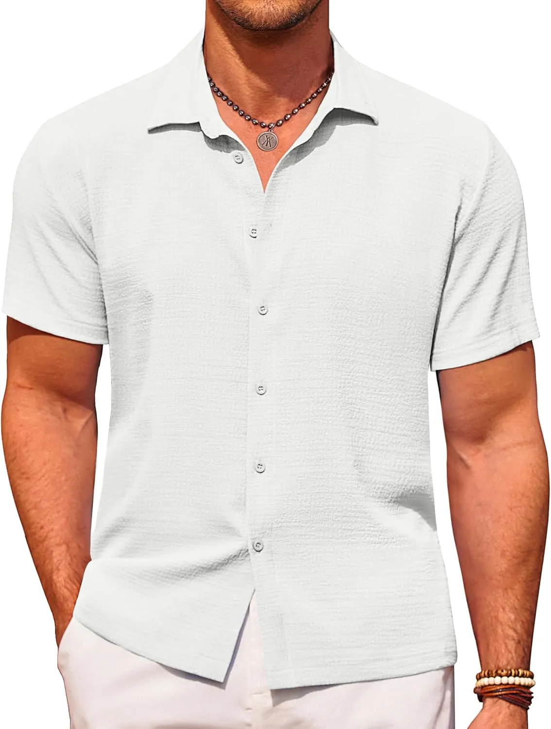 COOFANDY Men's Casual Short Sleeve Button Down Shirt Textured Summer Beach Shirt