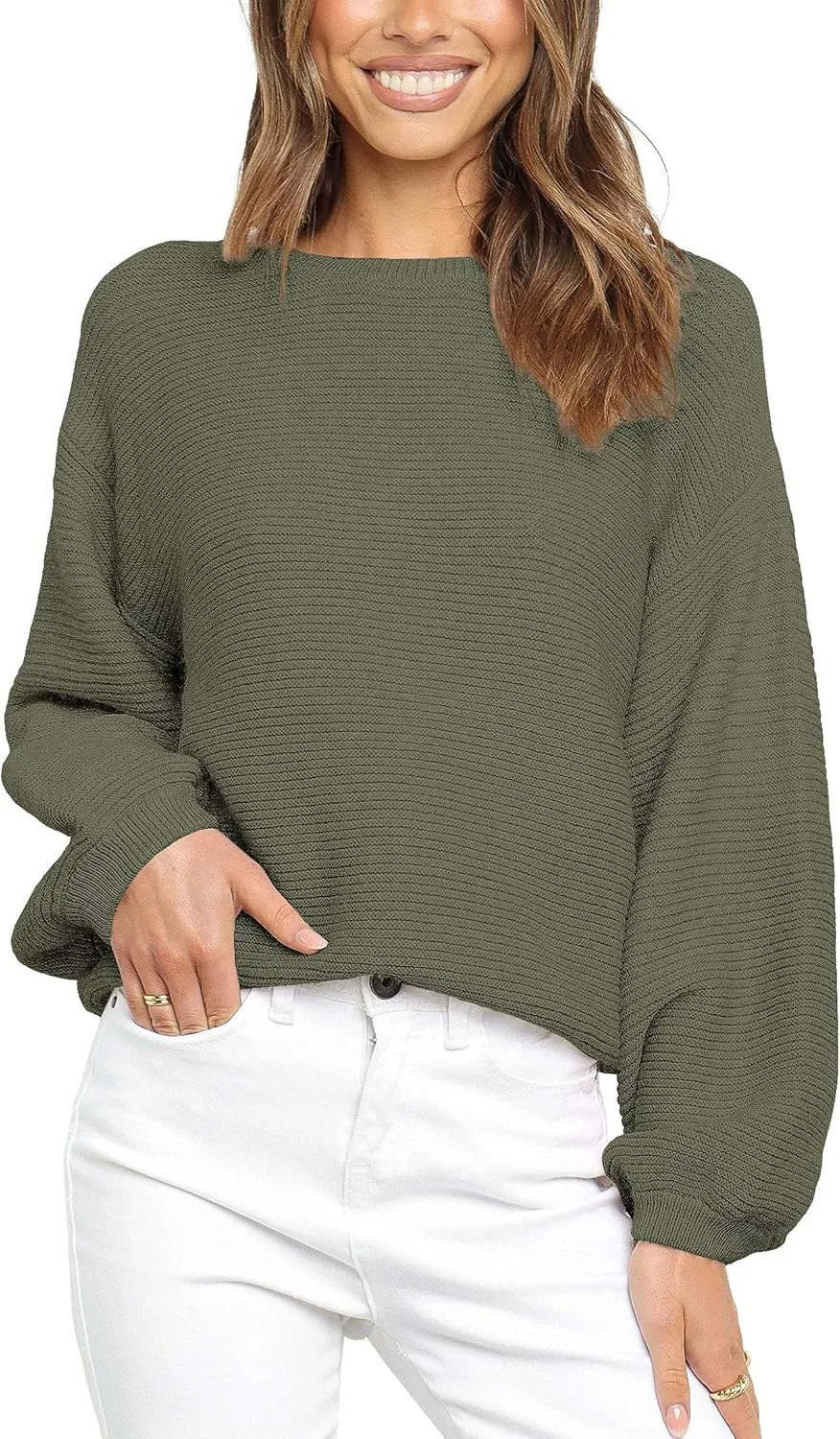 Coololi Women's Puff Sleeve Knit Pullover Ribbed Sweaters Crewneck Oversized Loose Casual Cozy Soft Slouchy Sweater Tops