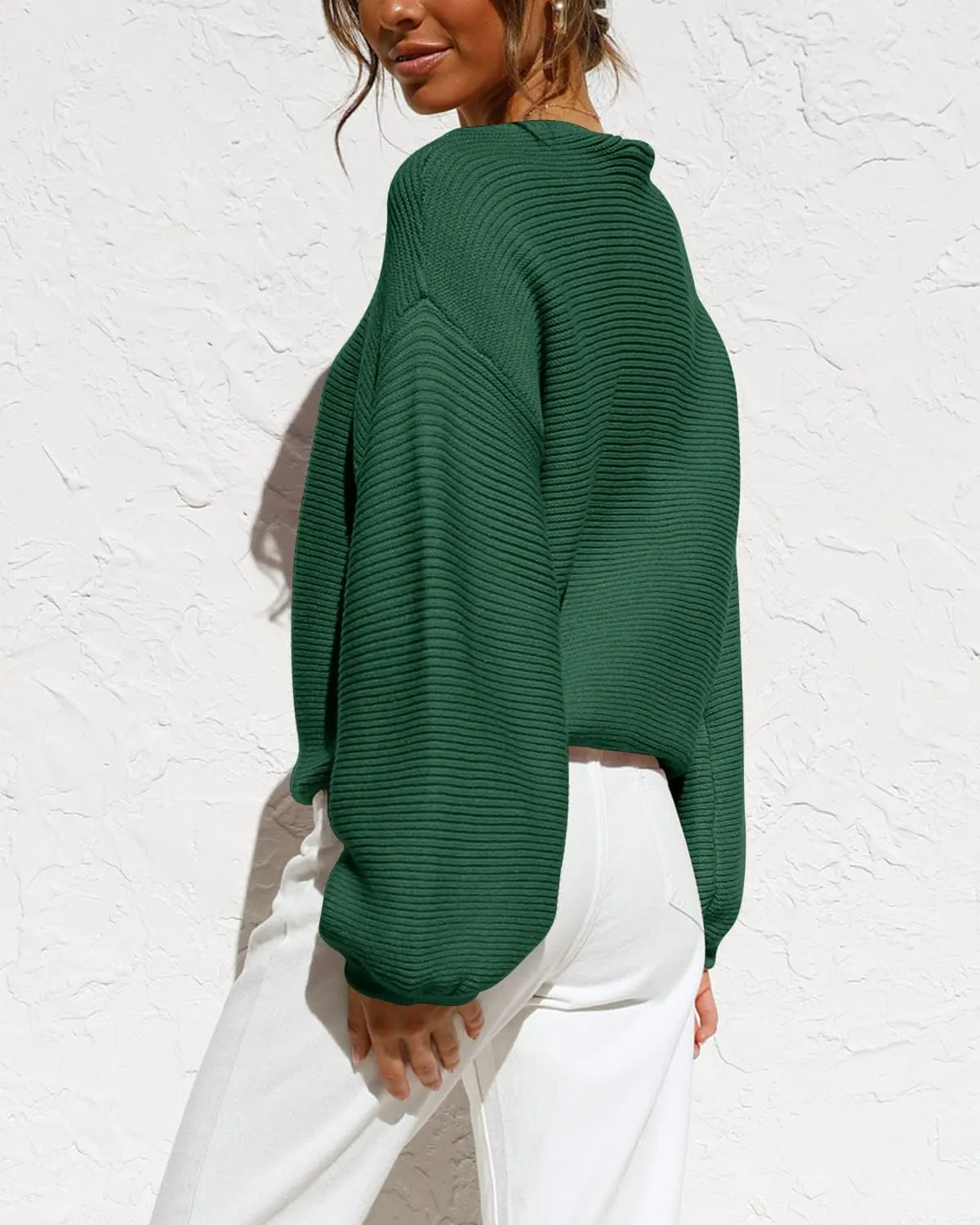 Coololi Women's Puff Sleeve Knit Pullover Ribbed Sweaters Crewneck Oversized Loose Casual Cozy Soft Slouchy Sweater Tops
