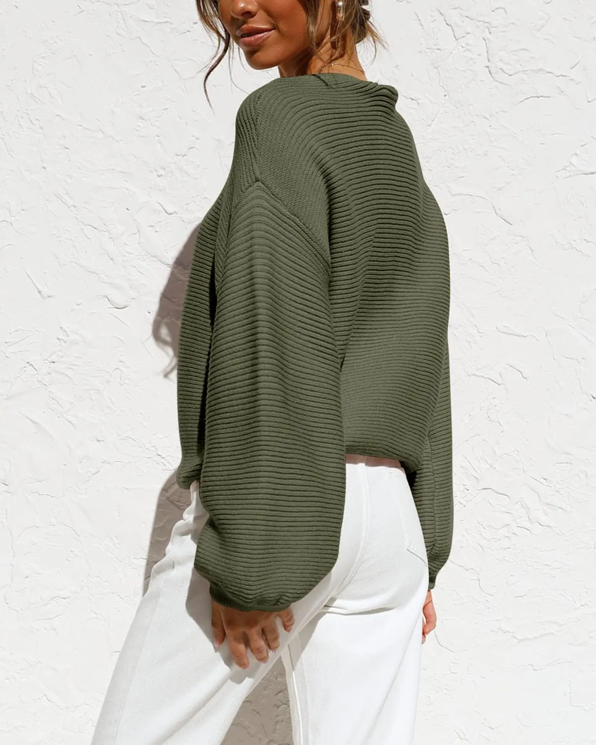 Coololi Women's Puff Sleeve Knit Pullover Ribbed Sweaters Crewneck Oversized Loose Casual Cozy Soft Slouchy Sweater Tops