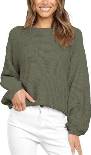 Coololi Women's Puff Sleeve Knit Pullover Ribbed Sweaters Crewneck Oversized Loose Casual Cozy Soft Slouchy Sweater Tops