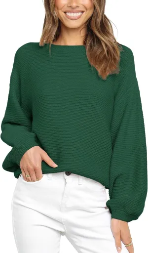 Coololi Women's Puff Sleeve Knit Pullover Ribbed Sweaters Crewneck Oversized Loose Casual Cozy Soft Slouchy Sweater Tops