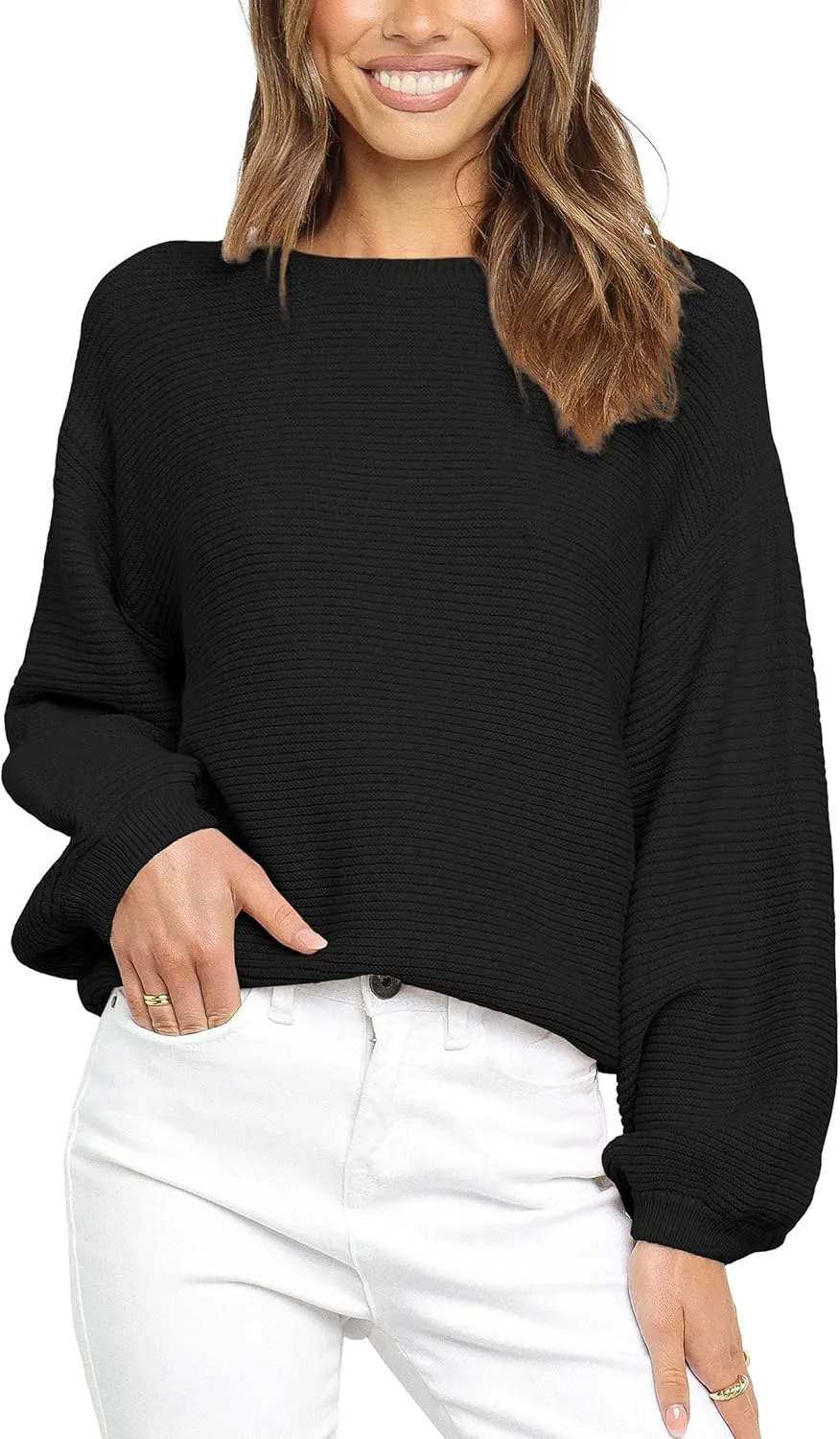 Coololi Women's Puff Sleeve Knit Pullover Ribbed Sweaters Crewneck Oversized Loose Casual Cozy Soft Slouchy Sweater Tops