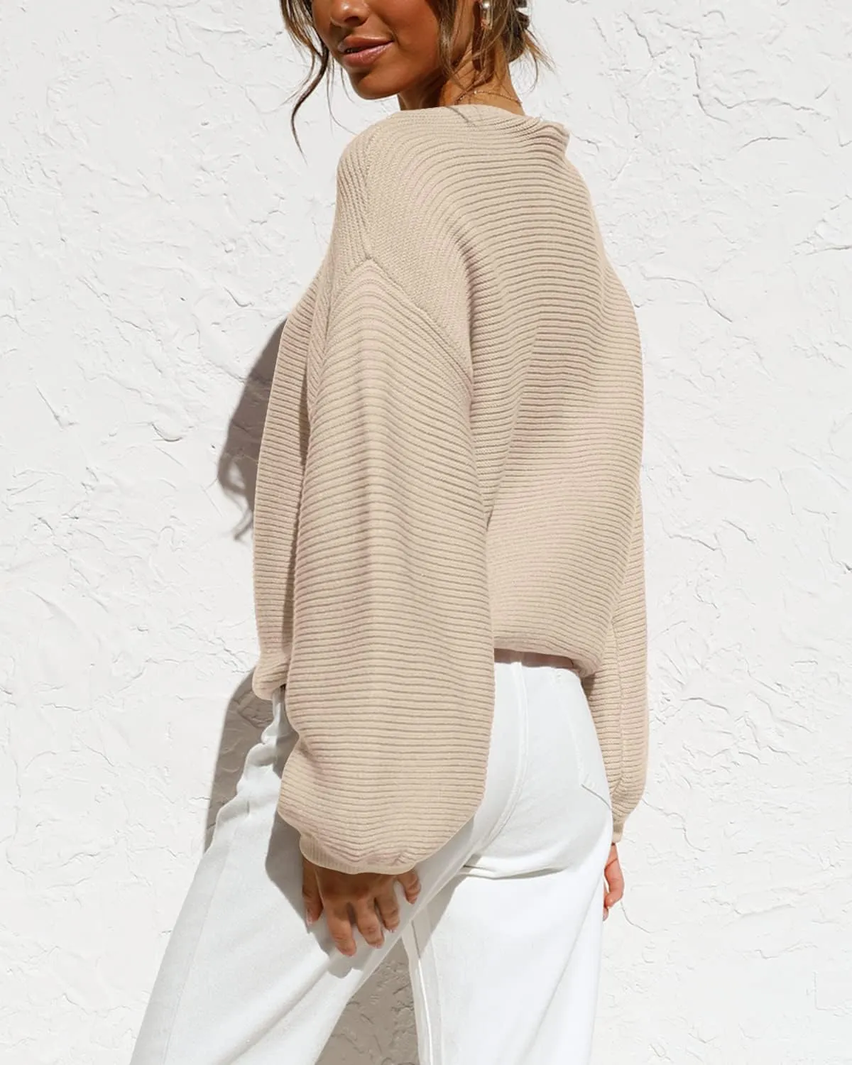 Coololi Women's Puff Sleeve Knit Pullover Ribbed Sweaters Crewneck Oversized Loose Casual Cozy Soft Slouchy Sweater Tops