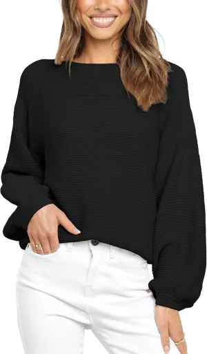 Coololi Women's Puff Sleeve Knit Pullover Ribbed Sweaters Crewneck Oversized Loose Casual Cozy Soft Slouchy Sweater Tops
