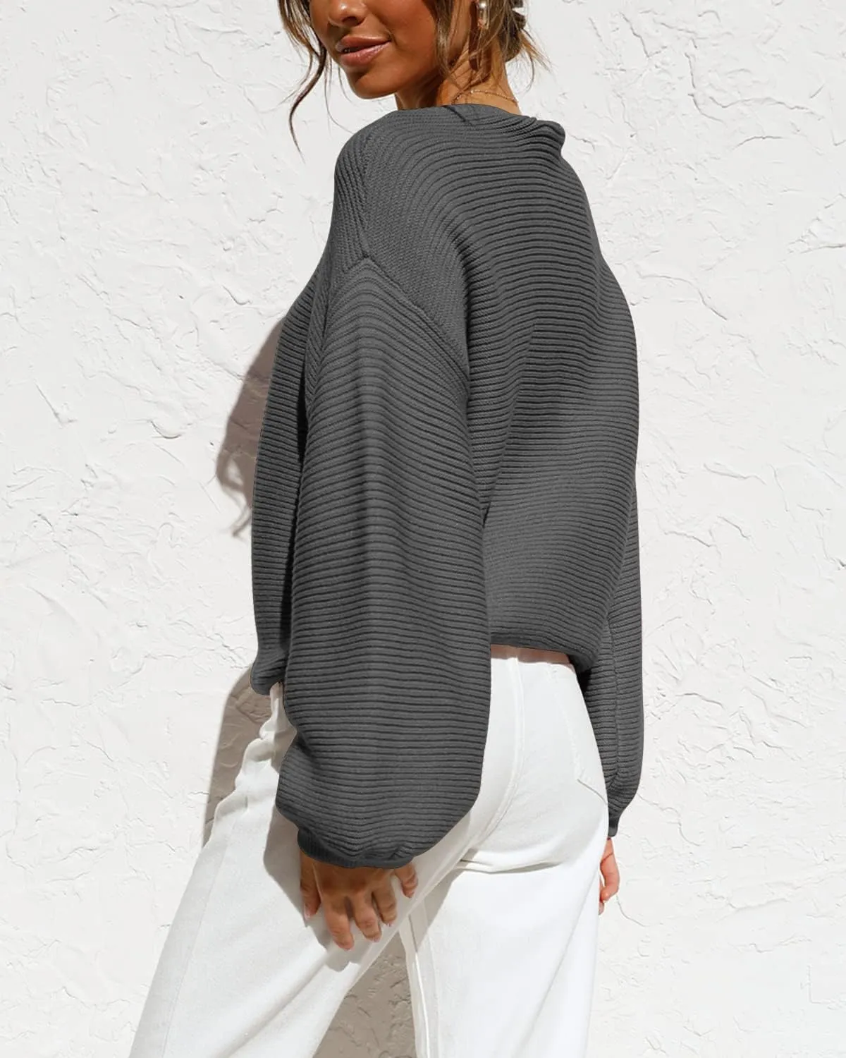 Coololi Women's Puff Sleeve Knit Pullover Ribbed Sweaters Crewneck Oversized Loose Casual Cozy Soft Slouchy Sweater Tops
