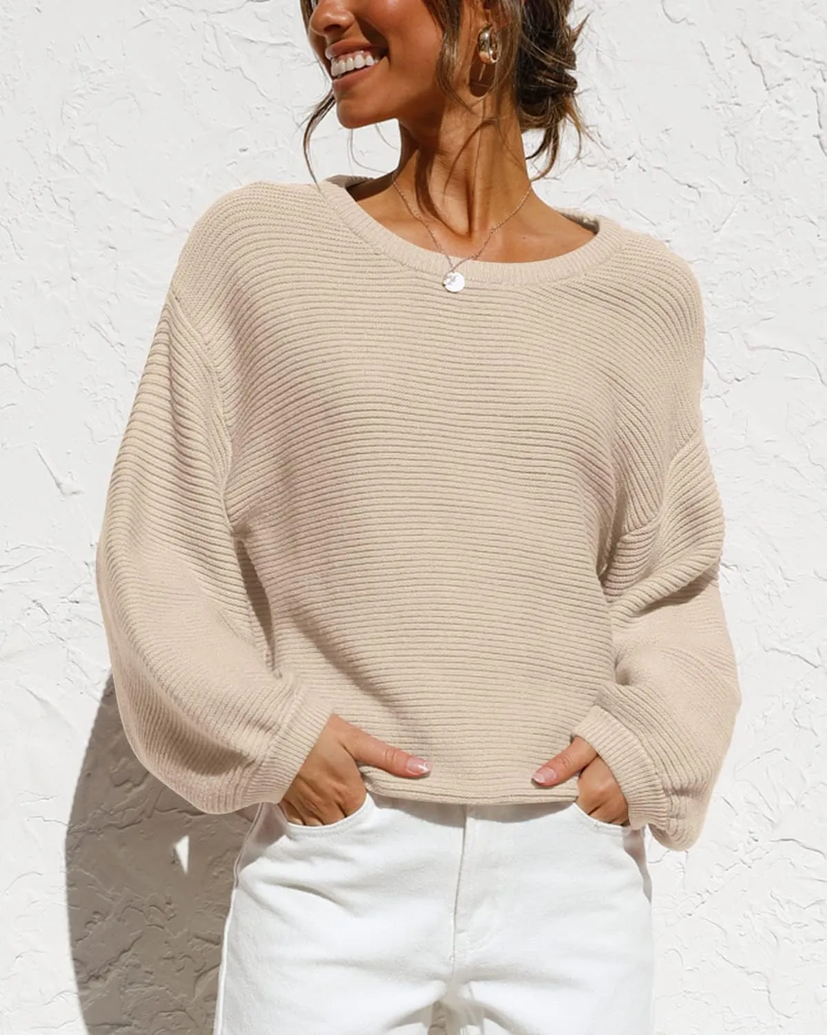 Coololi Women's Puff Sleeve Knit Pullover Ribbed Sweaters Crewneck Oversized Loose Casual Cozy Soft Slouchy Sweater Tops