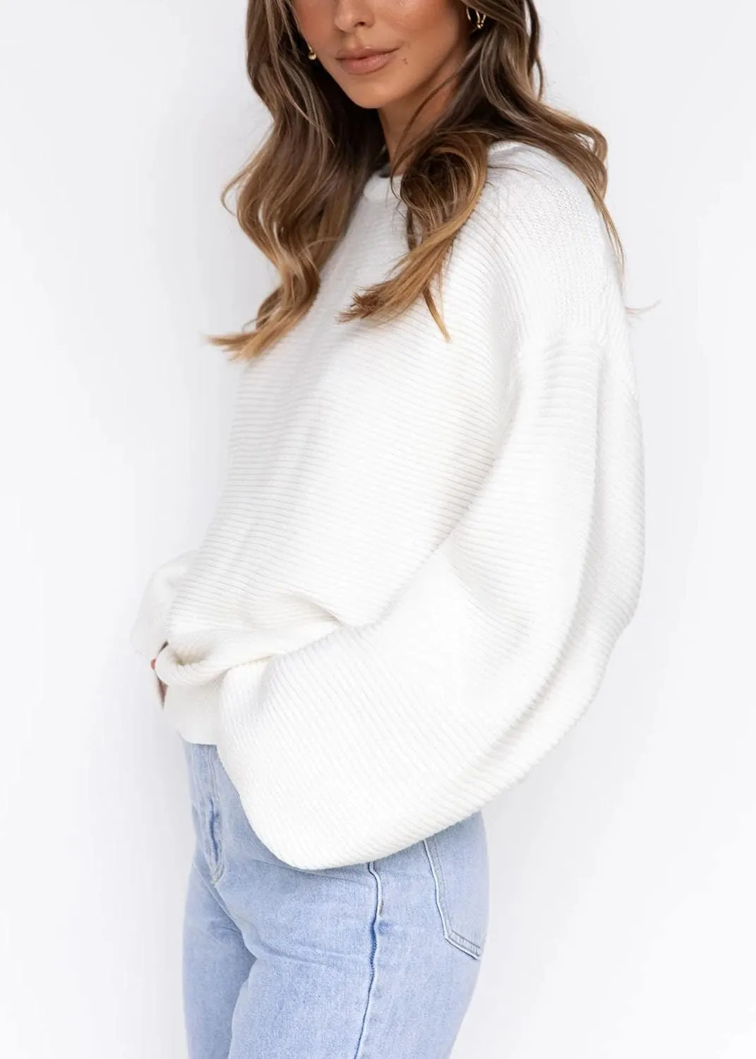Coololi Women's Puff Sleeve Knit Pullover Ribbed Sweaters Crewneck Oversized Loose Casual Cozy Soft Slouchy Sweater Tops