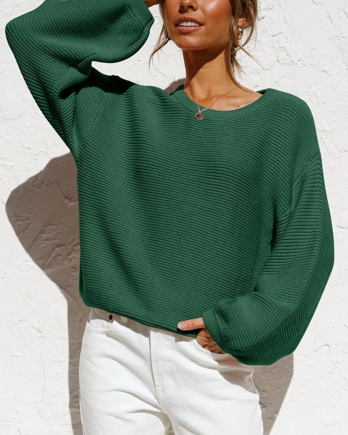 Coololi Women's Puff Sleeve Knit Pullover Ribbed Sweaters Crewneck Oversized Loose Casual Cozy Soft Slouchy Sweater Tops