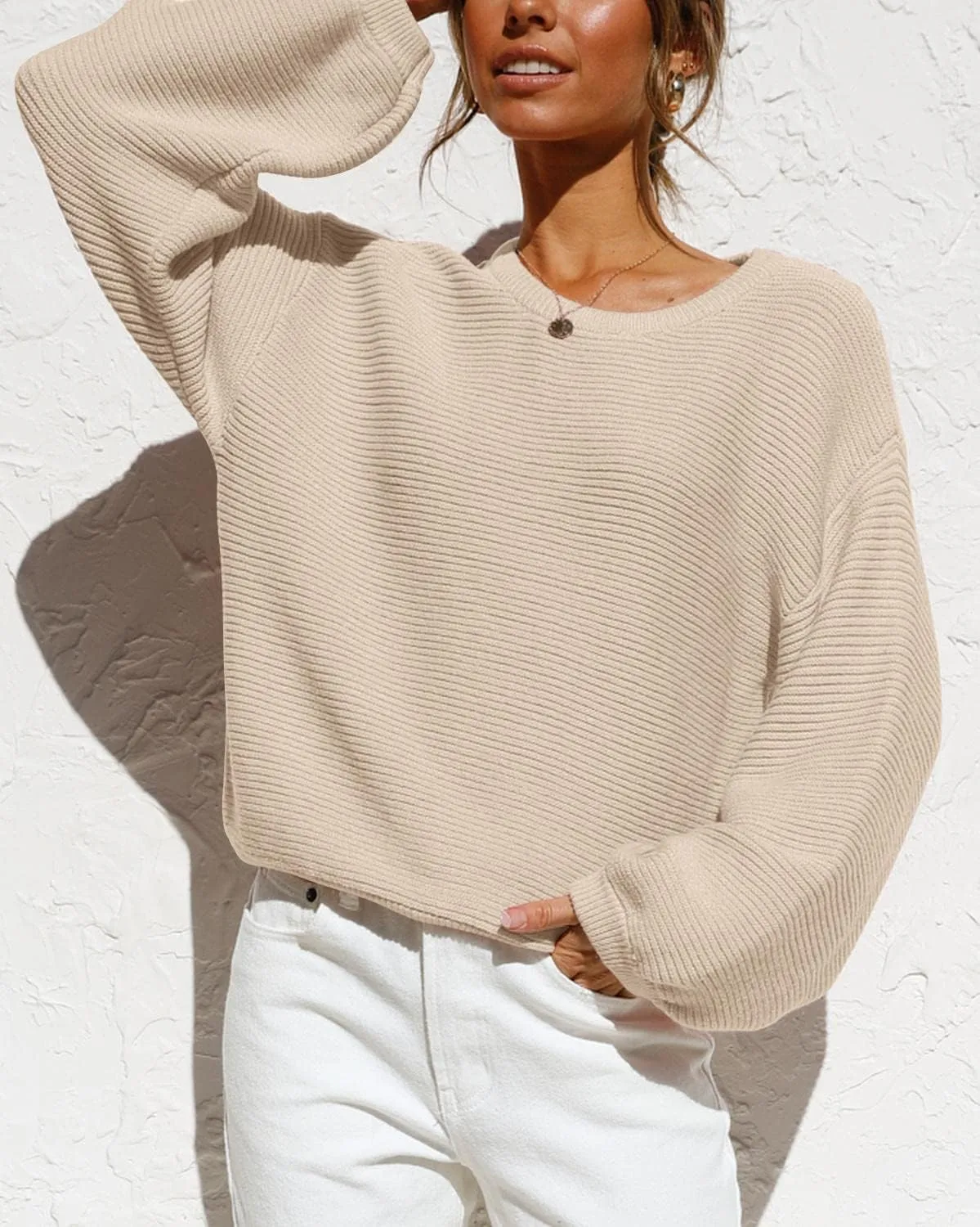 Coololi Women's Puff Sleeve Knit Pullover Ribbed Sweaters Crewneck Oversized Loose Casual Cozy Soft Slouchy Sweater Tops