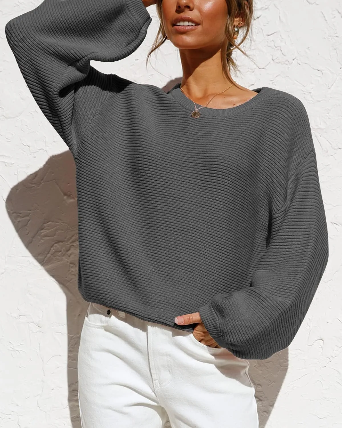 Coololi Women's Puff Sleeve Knit Pullover Ribbed Sweaters Crewneck Oversized Loose Casual Cozy Soft Slouchy Sweater Tops