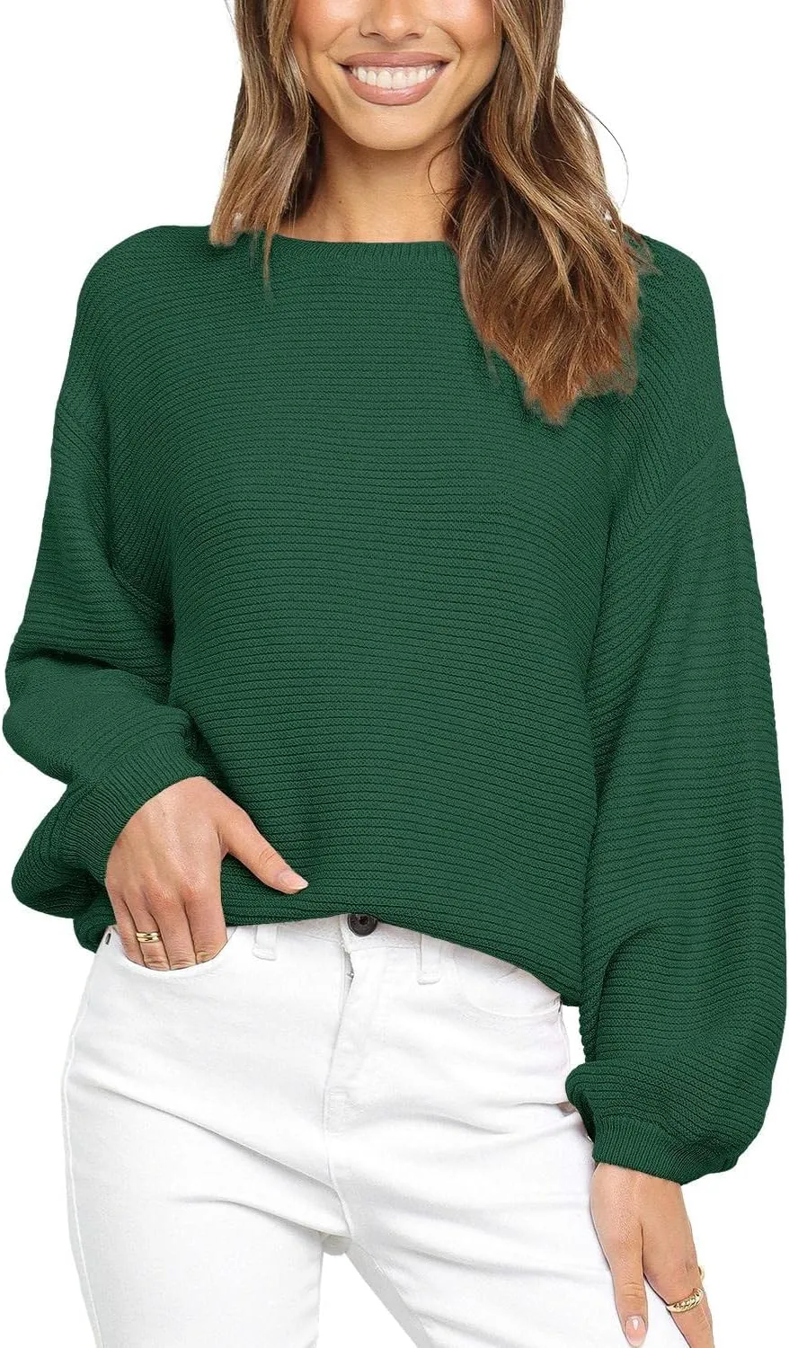 Coololi Women's Puff Sleeve Knit Pullover Ribbed Sweaters Crewneck Oversized Loose Casual Cozy Soft Slouchy Sweater Tops
