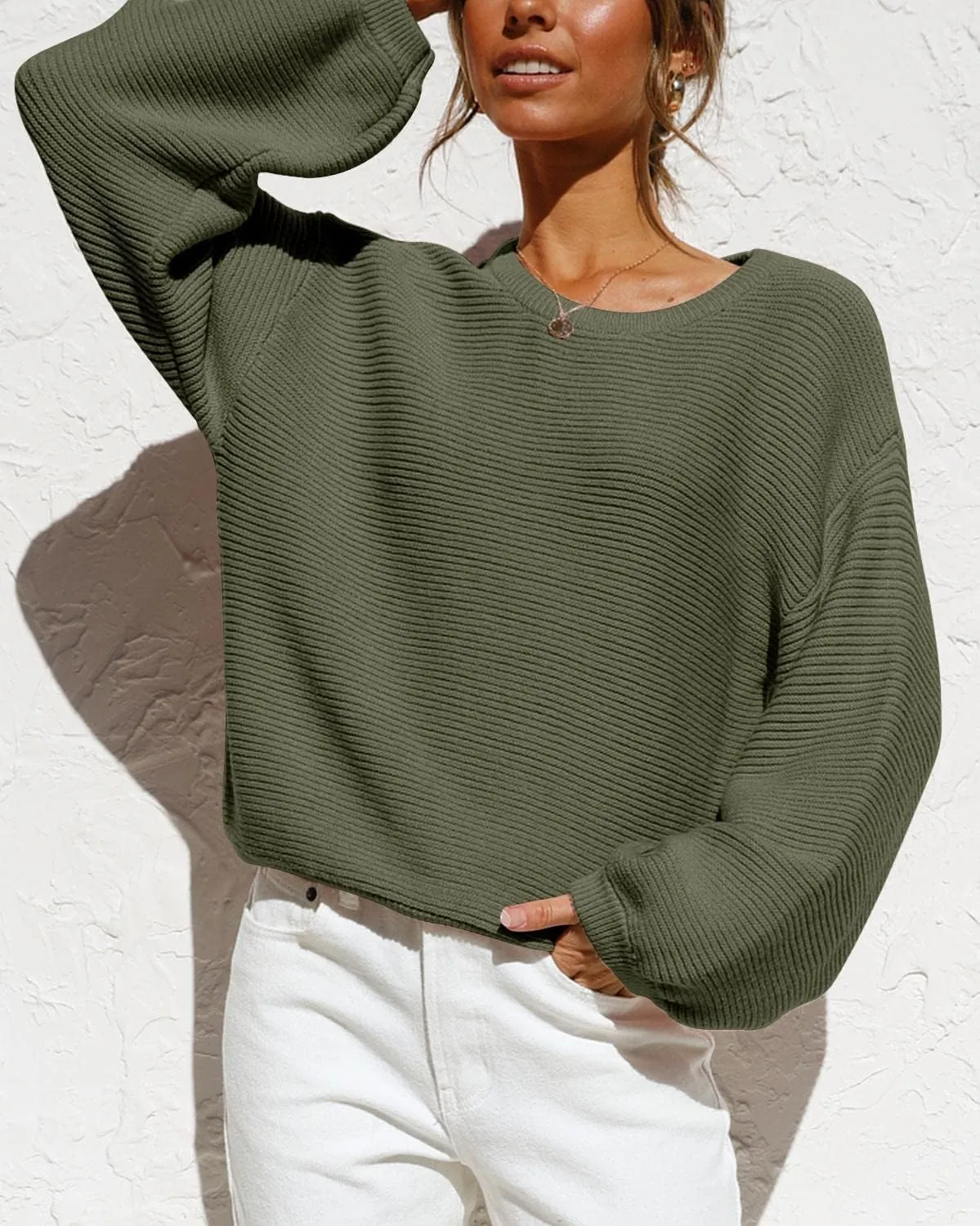 Coololi Women's Puff Sleeve Knit Pullover Ribbed Sweaters Crewneck Oversized Loose Casual Cozy Soft Slouchy Sweater Tops