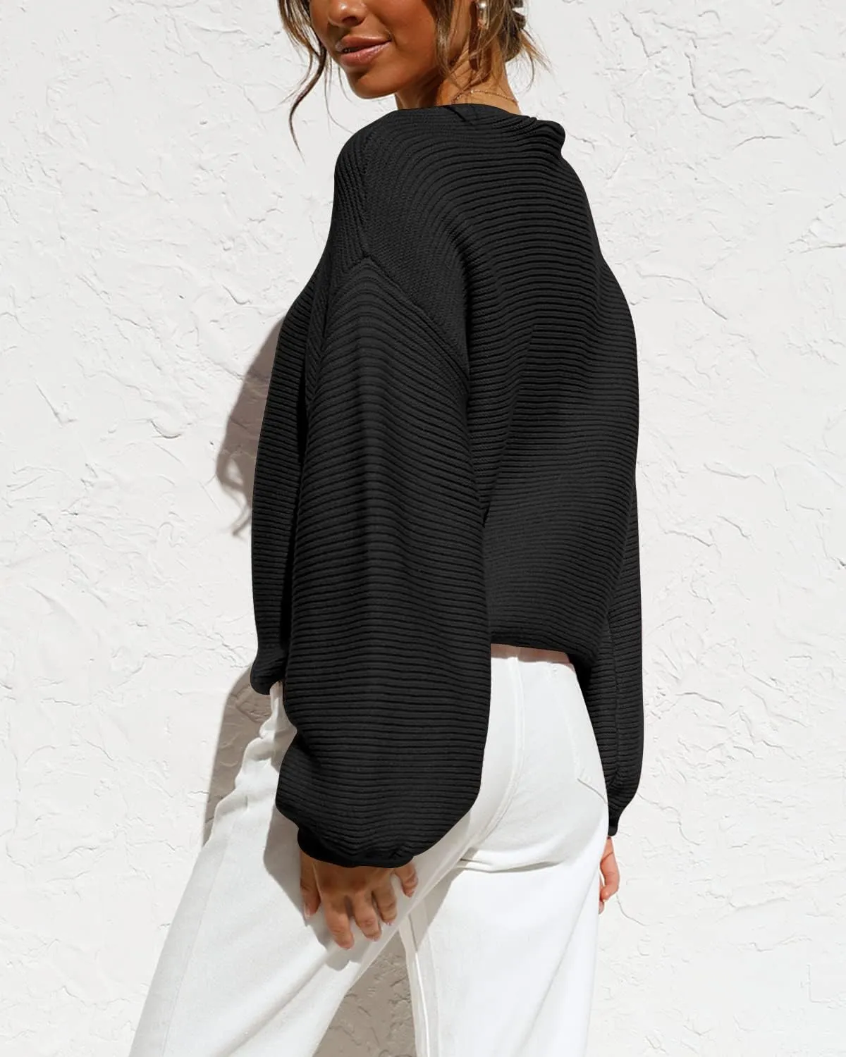 Coololi Women's Puff Sleeve Knit Pullover Ribbed Sweaters Crewneck Oversized Loose Casual Cozy Soft Slouchy Sweater Tops