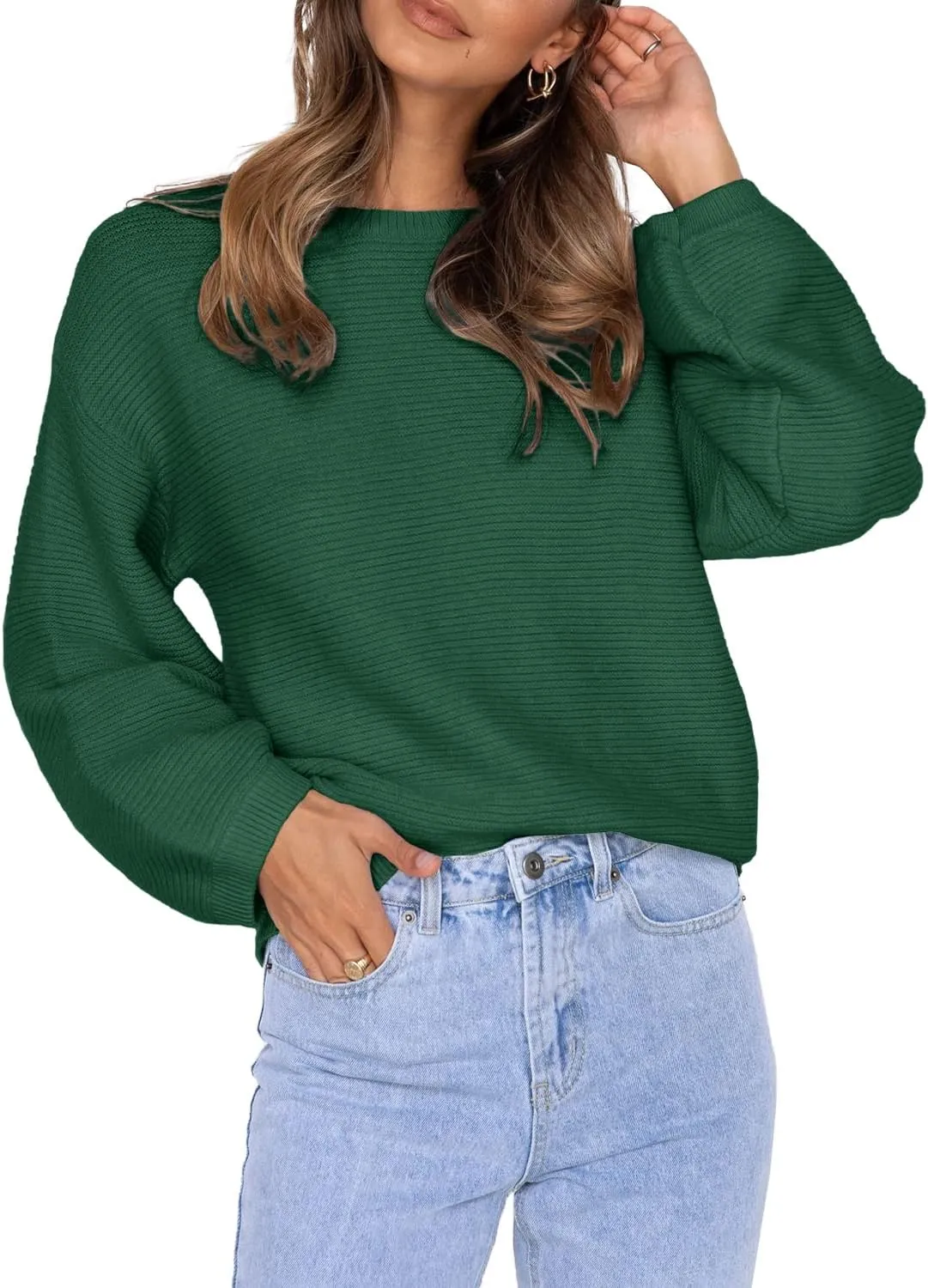 Coololi Women's Puff Sleeve Knit Pullover Ribbed Sweaters Crewneck Oversized Loose Casual Cozy Soft Slouchy Sweater Tops