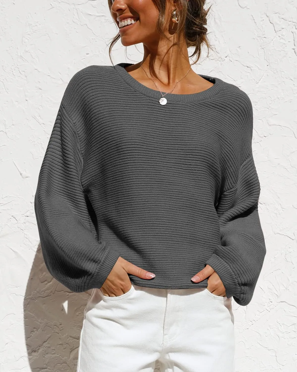 Coololi Women's Puff Sleeve Knit Pullover Ribbed Sweaters Crewneck Oversized Loose Casual Cozy Soft Slouchy Sweater Tops