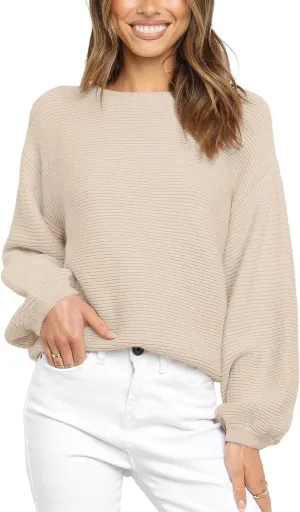 Coololi Women's Puff Sleeve Knit Pullover Ribbed Sweaters Crewneck Oversized Loose Casual Cozy Soft Slouchy Sweater Tops