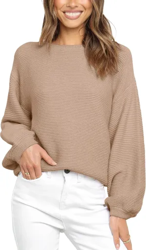 Coololi Women's Puff Sleeve Knit Pullover Ribbed Sweaters Crewneck Oversized Loose Casual Cozy Soft Slouchy Sweater Tops