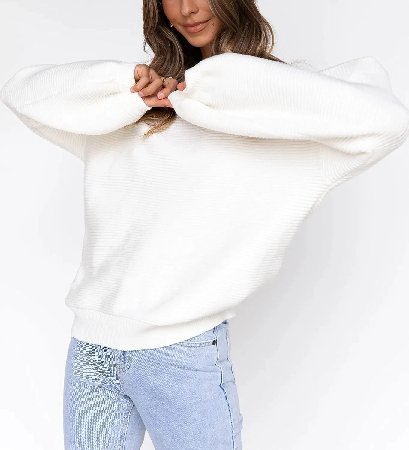 Coololi Women's Puff Sleeve Knit Pullover Ribbed Sweaters Crewneck Oversized Loose Casual Cozy Soft Slouchy Sweater Tops