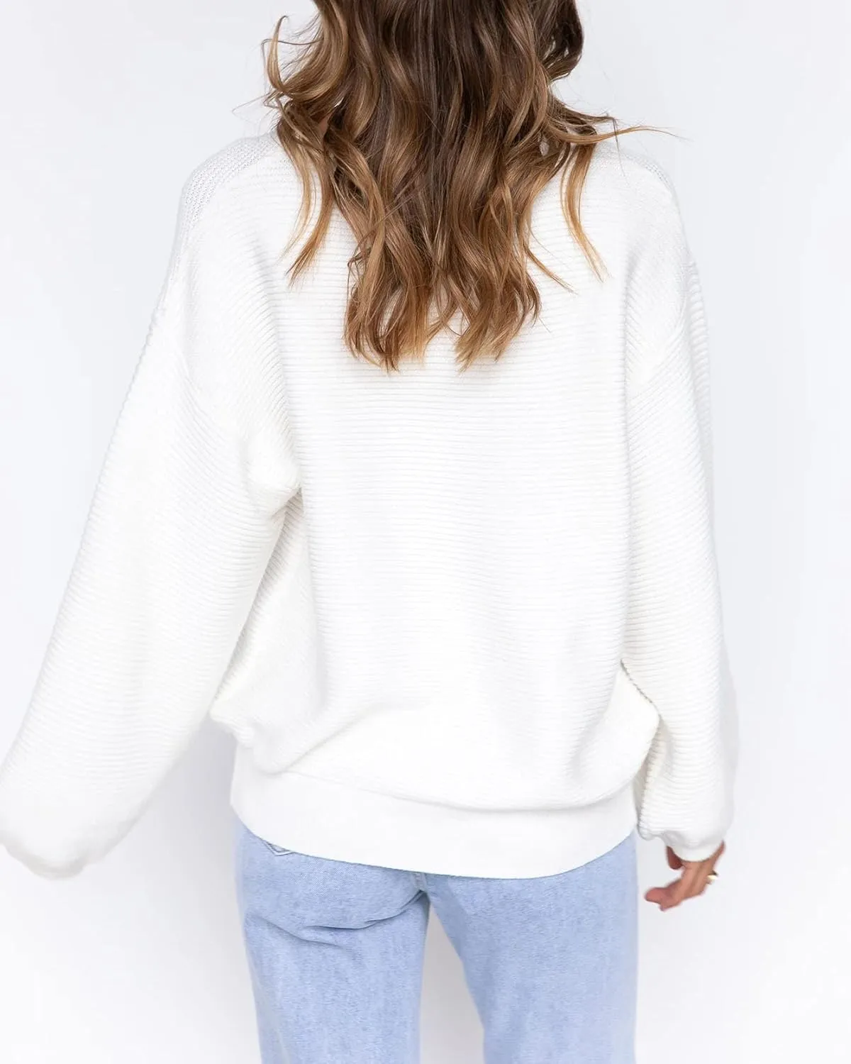 Coololi Women's Puff Sleeve Knit Pullover Ribbed Sweaters Crewneck Oversized Loose Casual Cozy Soft Slouchy Sweater Tops