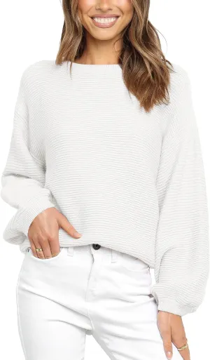 Coololi Women's Puff Sleeve Knit Pullover Ribbed Sweaters Crewneck Oversized Loose Casual Cozy Soft Slouchy Sweater Tops