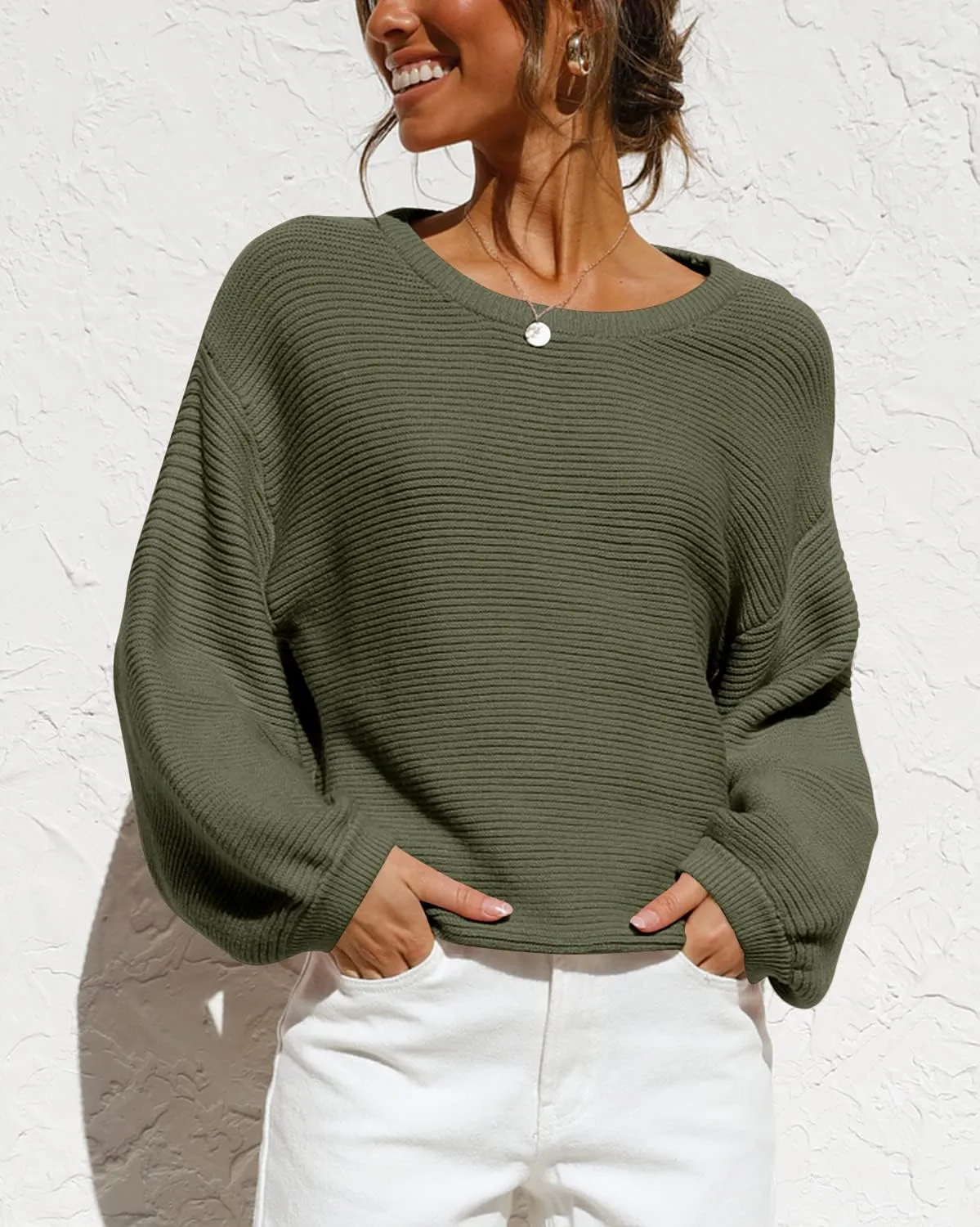 Coololi Women's Puff Sleeve Knit Pullover Ribbed Sweaters Crewneck Oversized Loose Casual Cozy Soft Slouchy Sweater Tops