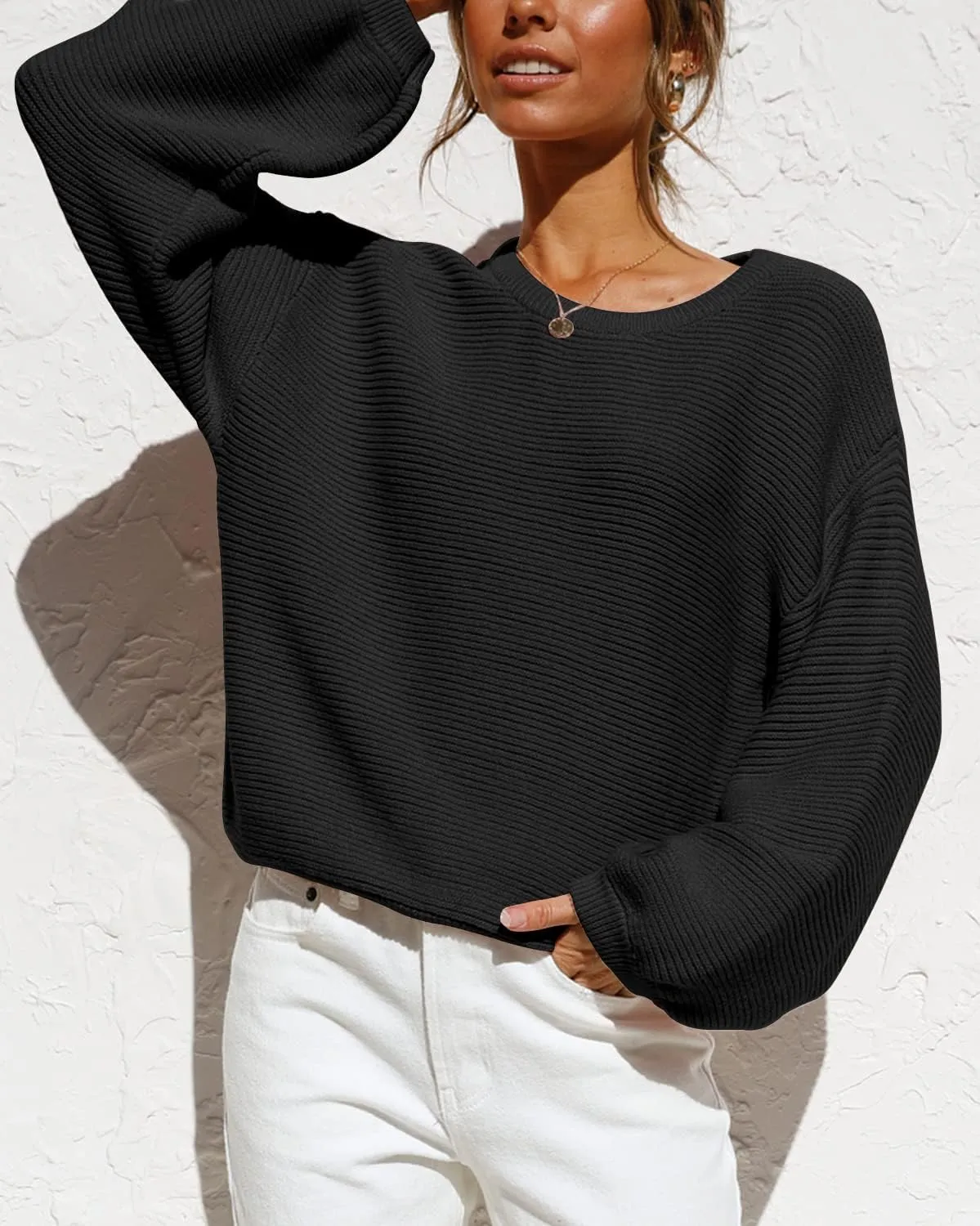 Coololi Women's Puff Sleeve Knit Pullover Ribbed Sweaters Crewneck Oversized Loose Casual Cozy Soft Slouchy Sweater Tops