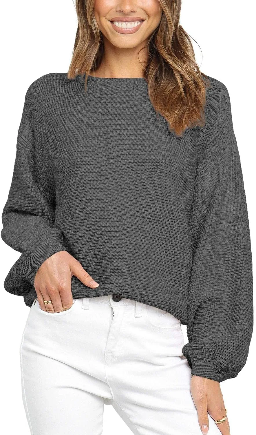 Coololi Women's Puff Sleeve Knit Pullover Ribbed Sweaters Crewneck Oversized Loose Casual Cozy Soft Slouchy Sweater Tops