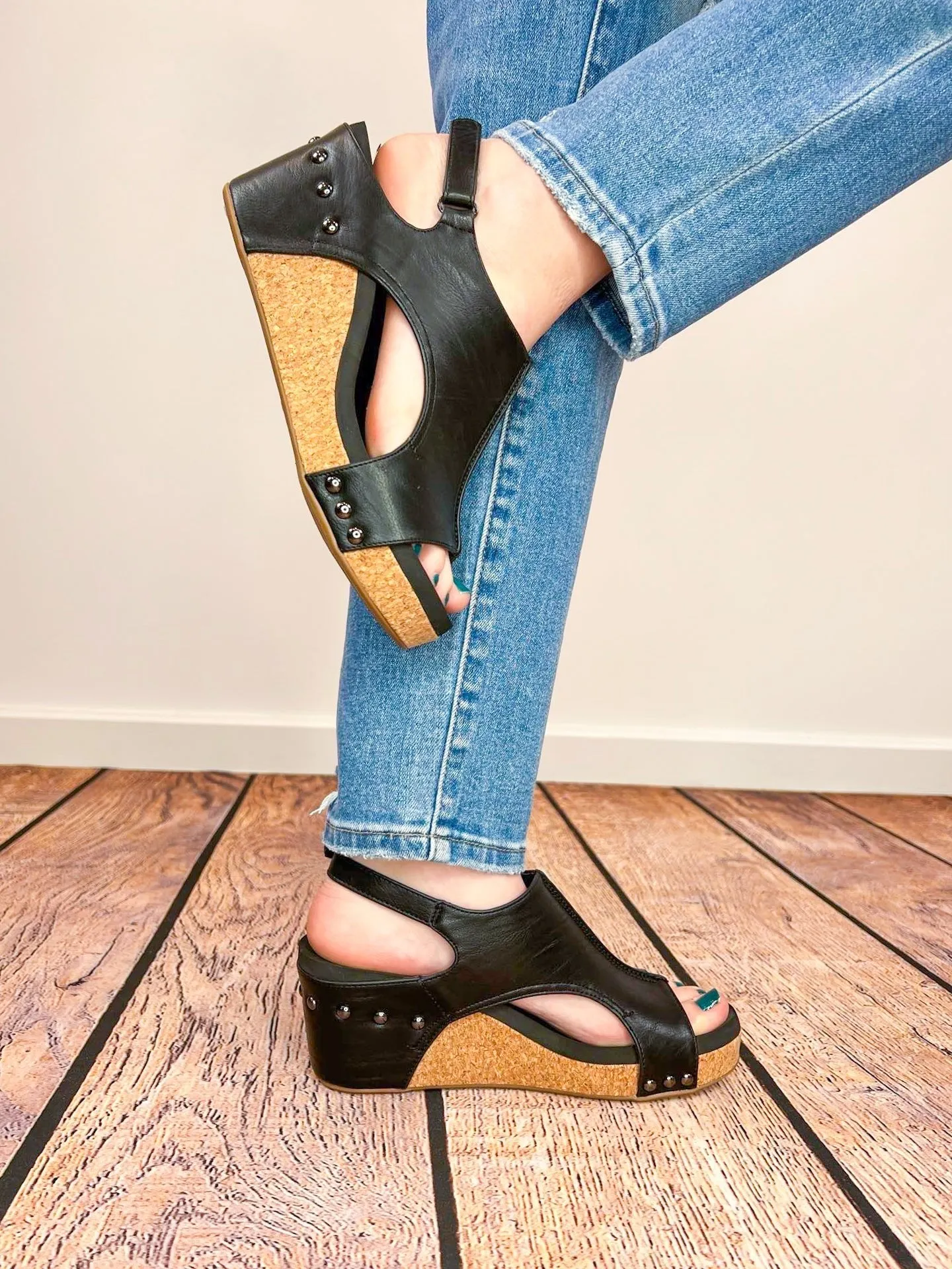 Corky's Footwear Carley Wedge Sandal - Black Smooth