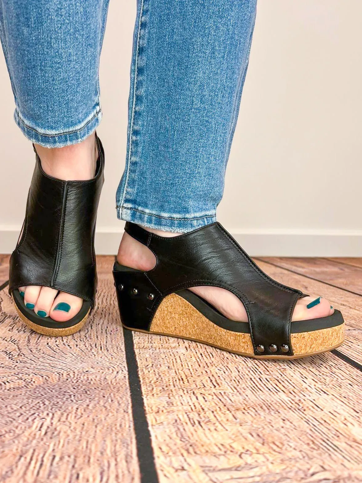 Corky's Footwear Carley Wedge Sandal - Black Smooth