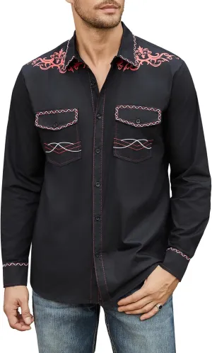 Daupanzees Men's Western Cowboy Shirt Long Sleeve Embroidered Shirt Slim Fit Casual Button Down Shirts with Pockets