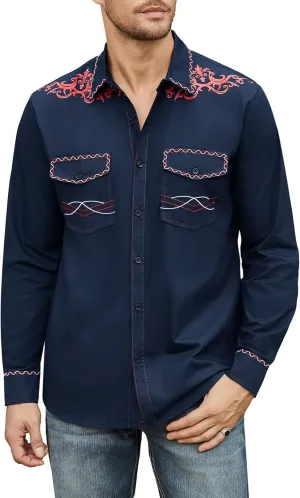 Daupanzees Men's Western Cowboy Shirt Long Sleeve Embroidered Shirt Slim Fit Casual Button Down Shirts with Pockets