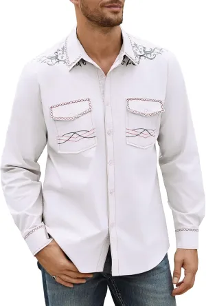 Daupanzees Men's Western Cowboy Shirt Long Sleeve Embroidered Shirt Slim Fit Casual Button Down Shirts with Pockets