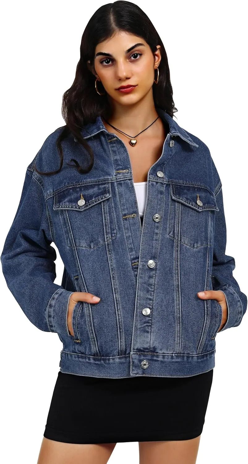 Dilgul Women's Casual Loose Oversized Long Sleeve Denim Jacket Button Jean Jacket Biker Coat