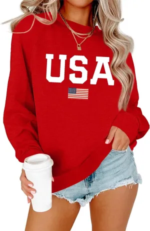Dressmine Womens USA Shirt Casual Long Sleeve Graphic Tees Knit Crew Neck Sweatshirts Loose Pullover