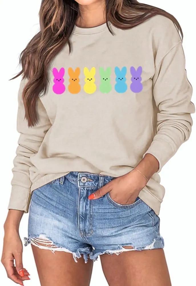 Easter Bunny Sweatshirt Women Long Sleeve Cute Rabbit Bunny Peeps Graphic Tees Happy Easter Pullover Tops