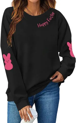 Easter Bunny Sweatshirt Women Long Sleeve Cute Rabbit Bunny Peeps Graphic Tees Happy Easter Pullover Tops