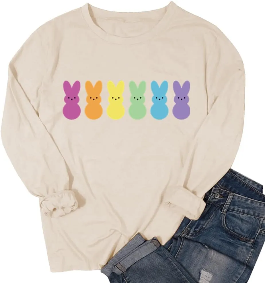 Easter Bunny Sweatshirt Women Long Sleeve Cute Rabbit Bunny Peeps Graphic Tees Happy Easter Pullover Tops