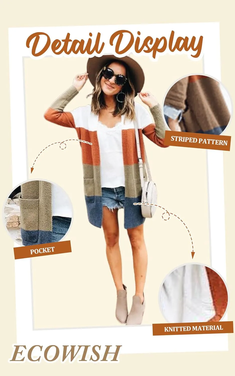 ECOWISH Cardigan Sweaters for Women Lightweight Fall Color Block Striped Long Sleeve Open Front Cozy Knitted Coats Outwear