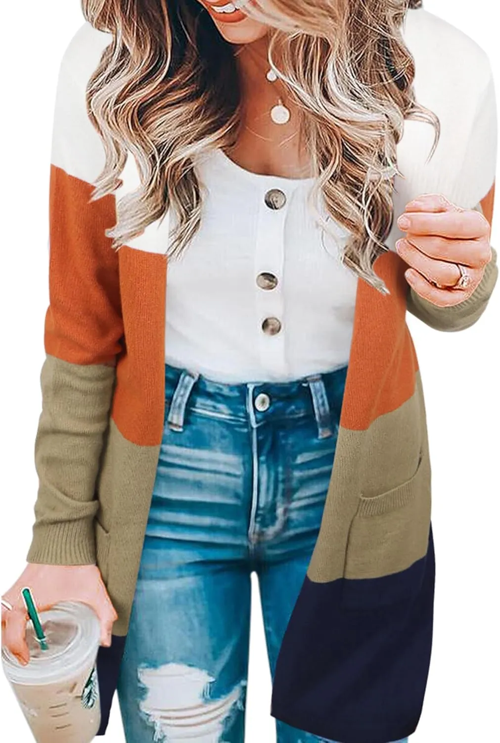 ECOWISH Cardigan Sweaters for Women Lightweight Fall Color Block Striped Long Sleeve Open Front Cozy Knitted Coats Outwear
