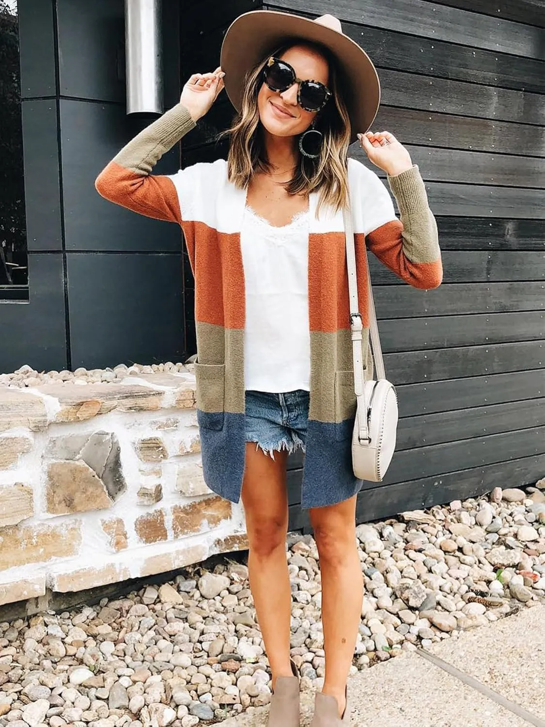 ECOWISH Cardigan Sweaters for Women Lightweight Fall Color Block Striped Long Sleeve Open Front Cozy Knitted Coats Outwear