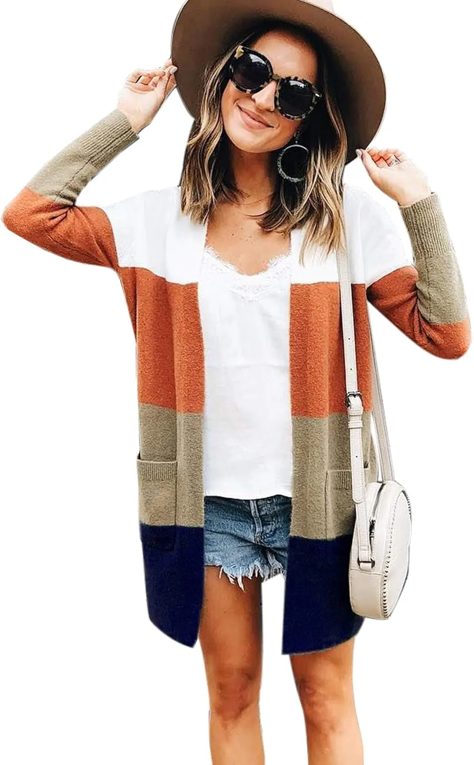ECOWISH Cardigan Sweaters for Women Lightweight Fall Color Block Striped Long Sleeve Open Front Cozy Knitted Coats Outwear