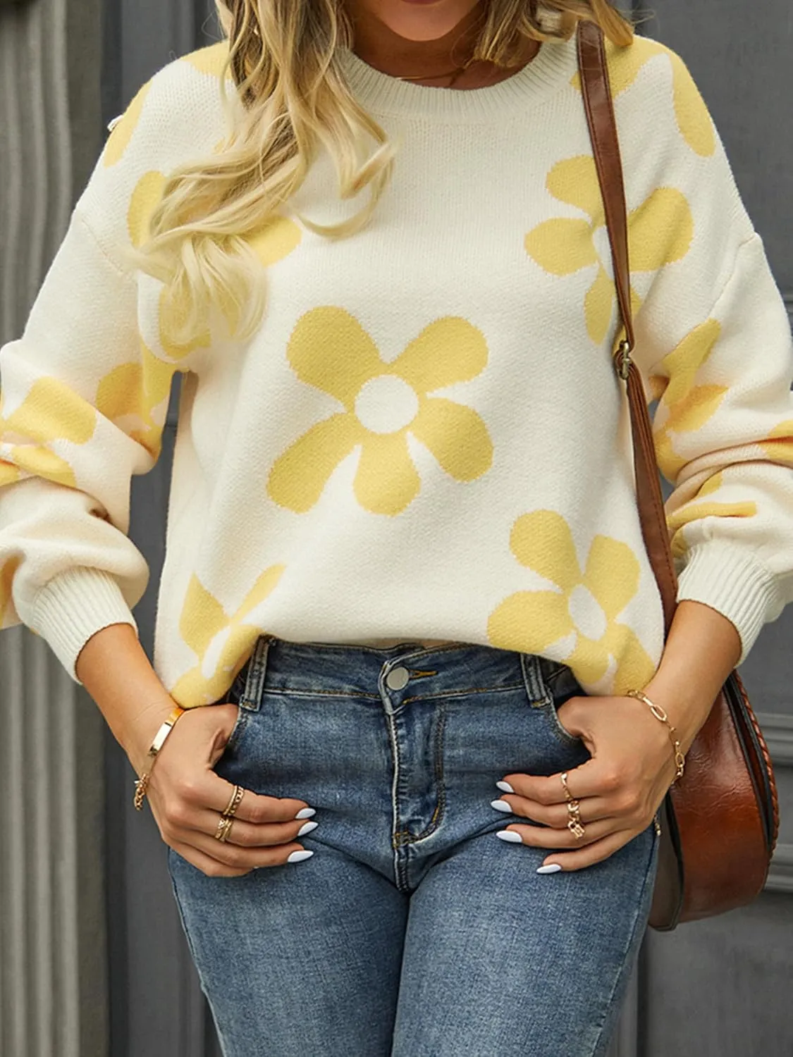 ECOWISH Women's Sweater 2024 Fall - Long Sleeve Crewneck Tops Knit Oversized Pullover Casual Print Jumper