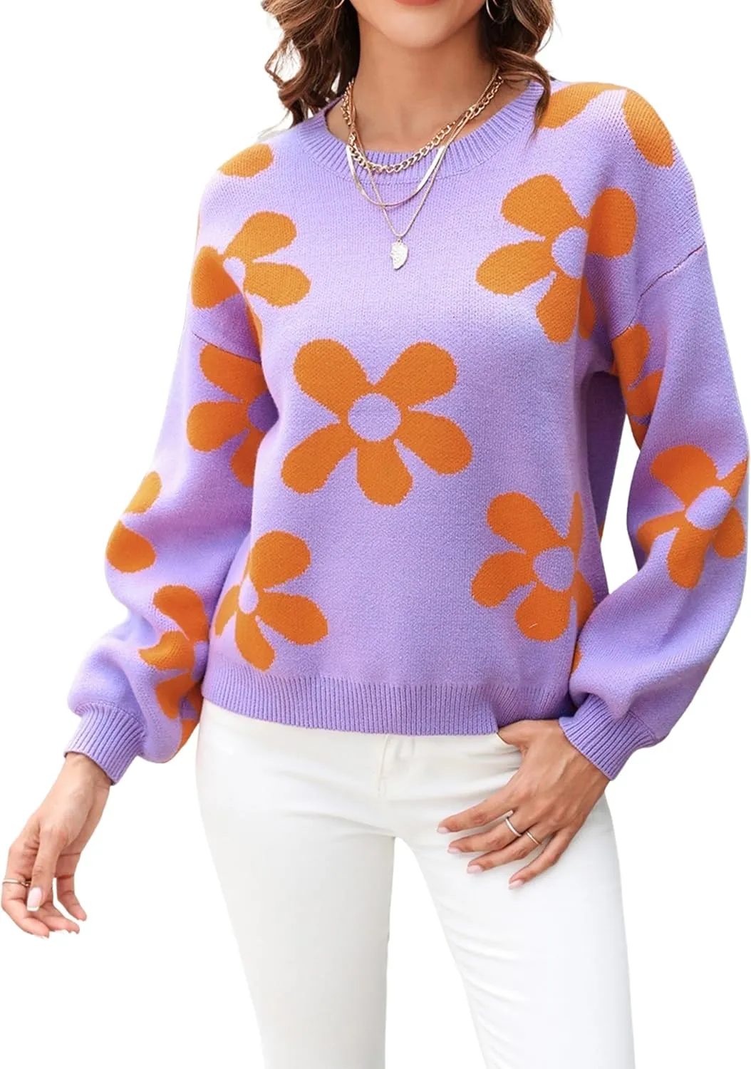 ECOWISH Women's Sweater 2024 Fall - Long Sleeve Crewneck Tops Knit Oversized Pullover Casual Print Jumper